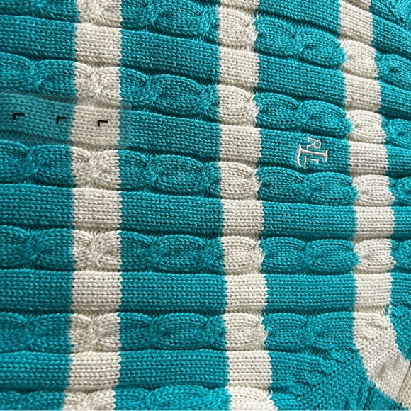 Lauren Ralph Lauren Sweater V-Neck Turquoise Blue White Striped Size Large - Picture 5 of 7